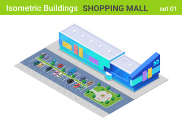 Poster - Isometric Shopping Mall Center Building with Cars on Parking flat vector collection.