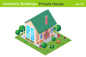 Wall Mural - Isometric Cottage Private House with backyard garden Building flat vector collection