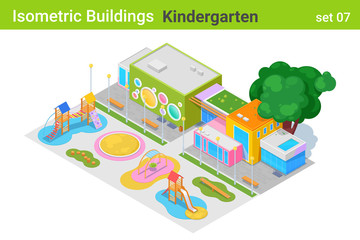 Poster - Isometric Kindergarten Building with Children Playground flat vector collection