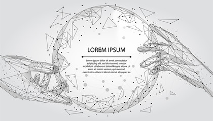 Abstract mash line and point, polygonal hands touching digital global form. Low poly vector Illustration 