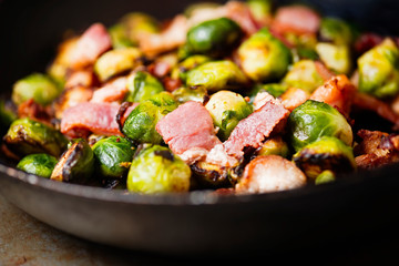 rustic pan roasted brussels sprouts with bacon