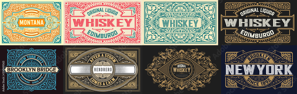 Mega set of 8 vintage labels. Vector layered - obrazy, fototapety, plakaty 