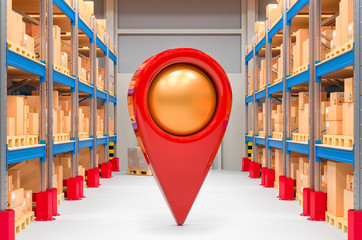 Poster - parcel tracking concept. map pointer inside the warehouse. 3d rendering