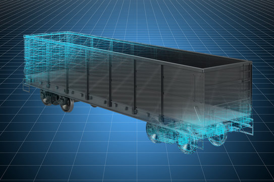 Visualization 3d cad model of freight wagon, blueprint. 3D rendering