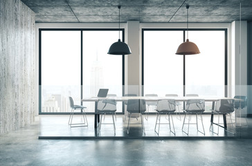 conference room interior with megapolis city view