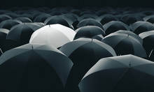 White Umbrella In Mass Of Black Umbrellas