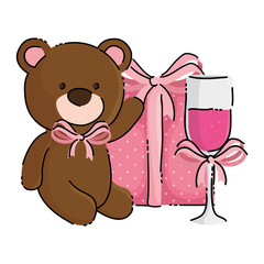 Wall Mural - cute teddy bear with gift box and cup champagne