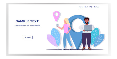 Poster - mix race people using online navigation app on digital devices man woman exploring route with location pin GPS pointers full length horizontal copy space vector illustration