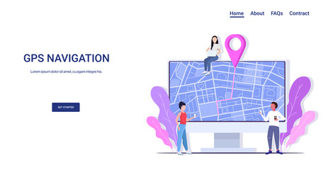 Poster - people using computer navigation app to get direction to destination address in city street travelers exploring route location pin GPS pointers on monitor screen full length horizontal copy space