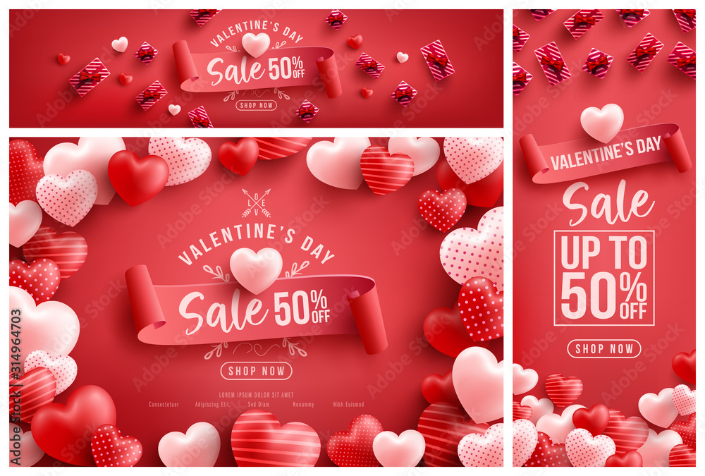 Valentine's Day Sale 50% off Poster or banner with many sweet hearts and sweet gifts on red background.Promotion and shopping template or background for Love and Valentine's day concept - obrazy, fototapety, plakaty 