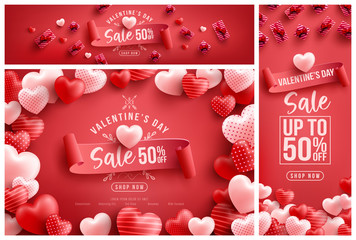 valentine's day sale 50% off poster or banner with many sweet hearts and sweet gifts on red backgrou