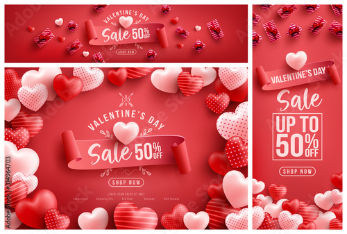 Valentine's Day Sale 50% off Poster or banner with many sweet hearts and sweet gifts on red background Tableau sur Toile