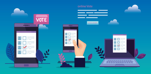 Sticker - poster of vote with hand and devices electronics vector illustration design