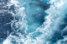 Wave Create By Ship Sails Pass Through The Sea Water. Turbulance Flow Of Sea Water Happen By The Ship Moving.