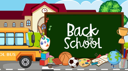 Back to school sign with many school items on the road background