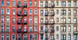 canvas print picture - New York City historic apartment building panoramic view with windows and fire escapes