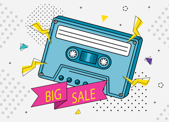 Sticker - poster of big sale with cassette of nineties design