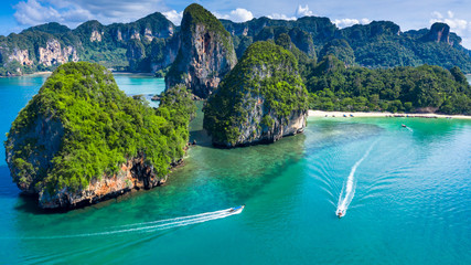 Wall Mural - Aerial view Phra Nang Cave Beach with traditional long tail boat on Ao Phra Nang Beach, Railay Bay, Krabi, Thailand.