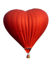 Red Hot Air Balloon In Heart Shape Isolate On White. Symbol Of Love And Valentines. Complete With Clipping Path For Object.