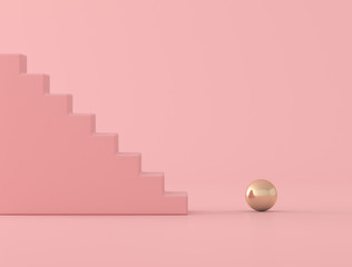 Poster - Abstract conceptual of pink stair and gold sphere,minimal style, 3D rendering.