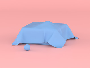 Poster - Abstract geometric object ,Sphere is in a box and covered with blue wrinkle sheet, pastel colors,minimal idea,3d rendering