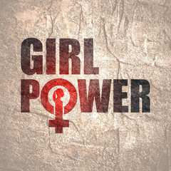 Wall Mural - Girl power. Feminism quote, woman motivational slogan. Feminist saying. Typography poster. Female sign icon. Silhouette of woman head