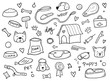 Hand drawn set of dog and pet accessories elements: bone, food, leash. For the design of dog themes: training, caring, grooming a dog. Doodle sketch style vector illustration.