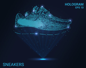 Hologram sneakers. Holographic projection of the sneaker. Flickering energy flux of particles. The scientific design of the Shoe.