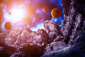 Wall Mural - space scene with planets and nebula