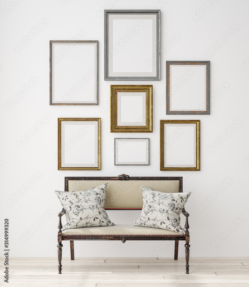 Mock up poster in home interior with vintage bench, classic style, 3d render - obrazy, fototapety, plakaty 