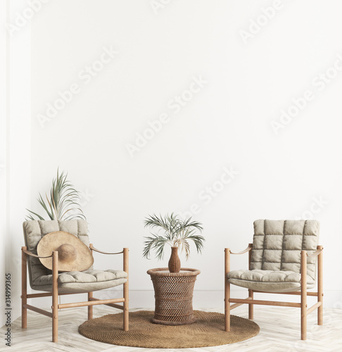 Fotografía Home interior background with wicker furniture and decor, empty white wall mocku