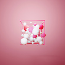 3d Group Of Colorful Pastel Spheres In Pink Wire Cube. Abstract Geometric Background