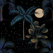 Tropical vintage night landscape, dark palm trees, stars and moon floral seamless pattern black background. Exotic jungle wallpaper.