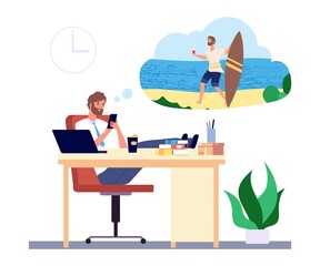 Sticker - Dreaming man. Office manager dreams about beach vacation and surfing vector concept. Illustration man dream about summer surfing vacation