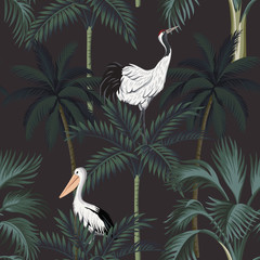  Tropical vintage night botanical landscape, green palm tree, crane, pelican floral seamless pattern dark background. Exotic jungle wallpaper.