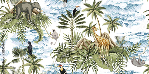 Plakaty Afryka   tropikalna-wyspa-botaniczna-vintage-palma-gora-liscie-palmowe-slon-zyrafa-lenistwo