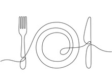 One Line Art. Plate Knife, Fork Continuous Outline Drawing. Decoration For Cafe Or Kitchen, Restaurant Or Menu. Cutlery Vector Illustration. Plate Drawing Outline With Dishware Contour
