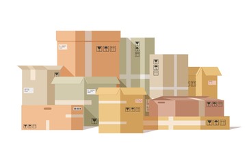 Sticker - Cardboard boxes stacked. Carton box, pile fragile parcels. Warehouse shipping cargo packaging. Delivery paper package vector illustration. Carton box pack, shipping cardboard, cargo delivery packaging