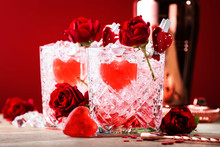 Roses Julep Valentine's Day Cocktail With Red Roses And Hearts On A Festive Background