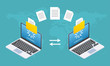 File transfer concept. Two Laptop computers with folders send and upload documents. File copy, data or information exchange design. Vector illustration.