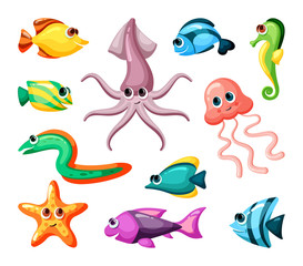 Wall Mural - Undersea world colorful flat vector illustrations set