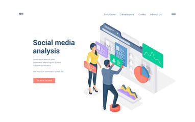 Poster - people working with social media content isometric vector illustration