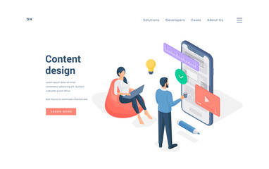 Poster - people working with content design isometric vector illustration