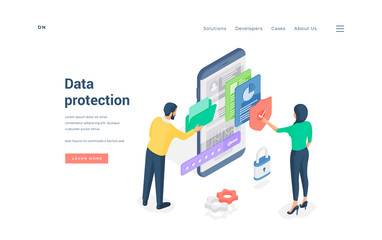 Poster - People using protected data man browsing folder while woman checking files on smartphone isometric vector illustration