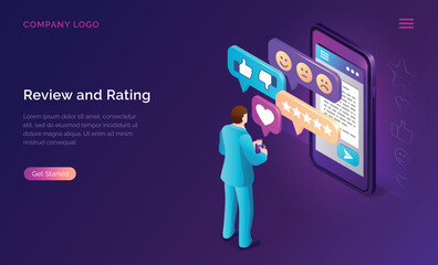 Review and rating isometric landing page. Customer stand at huge smartphone screen leaving feedback and put stars in mobile app. Clients evaluate service technology. 3d vector illustration, web banner