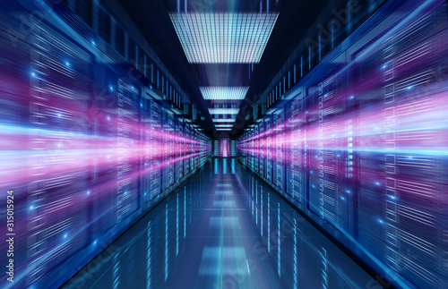 Fotografía Servers data center room with bright speed light through the corridor 3D renderi