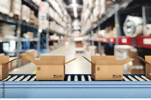 Cuadros en Lienzo Cardboard boxes on conveyor rollers inside a warehouse ready to be shipped by co