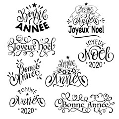 Canvas Print - Joyeux Noel and Bonne Annee -  French Merry Christmas and Happy New Year Set of Calligraphic Inscription