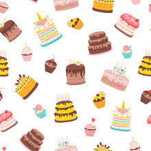 Vector Seamless Pattern With Various Cakes And Birthday Cupcakes. Cartoon Illustration In Simple Hand-drawn Style.