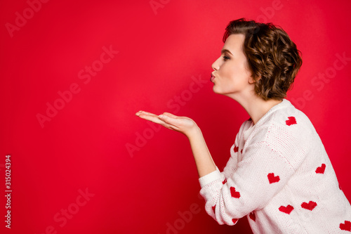 Profile side photo of charming cunning lovely girl hold hand send air kiss to he Tableau sur Toile